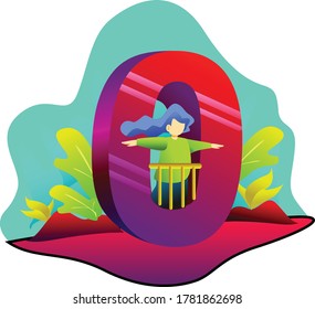 number zero 0 alphabet 3d with cute flat illustration combine the number and character