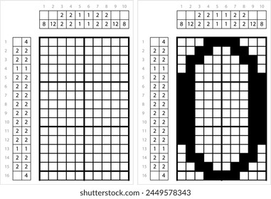 Number Zero 0 Nonogram Pixel Art, Mathematical, Numeral, Numeric, Word, Symbol Vector Art Illustration, Logic Puzzle Game Griddlers, Pic-A-Pix, Picture Paint By Numbers, Picross