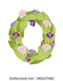 Number zero. Cartoon flower font design. Number 0 with flowers and leaves. Flat vector illustration isolated on white background