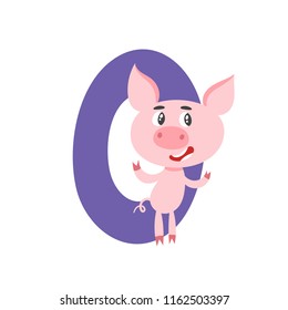 Number zero with cute cartoon pig for kids isolated on white. Learn to count concept illustration and birthday anniversary number used for poster, book, greeting card.