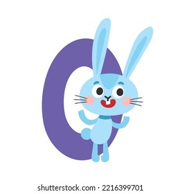 Número cero con un lindo conejo de dibujos animados para niños aislados en blanco. Aprende a contar la ilustración de concepto y el número de aniversario de cumpleaños con liebre usada para afiche, libro, tarjeta de saludo.