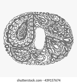 Number zero. Decorative font with a paisley zen doodle tattoo ornaments filling. Display numeric. Hand drawn graphic elements in old fashion vintage style. Used for quote lettering. Gray colors.