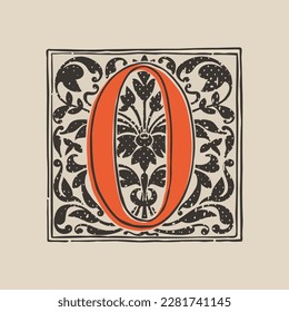 Number zero drop cap logo in medieval engraving style. Blackletter square initial. Illuminated dark-age emblem with lush foliage and tulips. Perfect for vintage identity, gothic, luxury packaging.