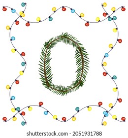 Number zero from green Christmas tree branches. Festive font and frame from garland, symbol of happy New Year and Christmas, character for date decoration
