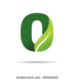 Number zero with green leaves, Vector logo design template elements 