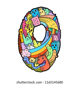 Number Zero. Hand drawn doodled kids numbers. Cute monstred numbers, math symbols. Vector illustration for web, design, decoration, education, prints, cards, design