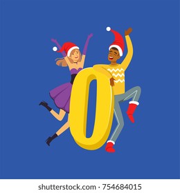 Number Zero and happy people in red Santa hats celebrating New Year vector illustration isolated on a blue background