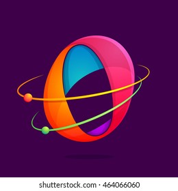 Number zero logo with atoms orbits. Vector design for banner, presentation, web page, card, labels or posters.