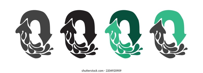 Number zero logo with drops and arrow in flat style. Eco friendly icon with color change. Vector idea for recycling or organic goods.