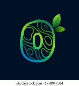 Number zero logo with eco waves pattern. Perfect vector green icon for landscape design, natural print and cartography labels, etc.
