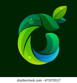 Number zero logo with green leaves and water waves. Vector elements for ecology banner, presentation, web page, card, labels or posters.