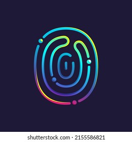 Number zero logo made of fingerprint. Multicolor line icon with vivid gradients and shine. Perfect for online payment art, biometric design, nightlife advertising, digital packaging, modern identity