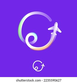 Number zero logo made of one gradient line with plane icon and rainbow shine. Overlapping multicolor emblem. Ideal for colorful travel app, delivery design, aviation advertising, flight identity.