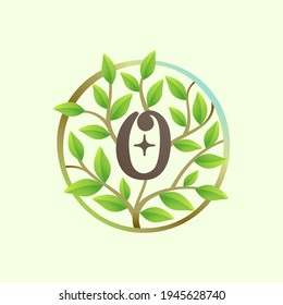 Number zero logo made of twisted tree branches and green leaves in circle. Ecology vector font for vegan emblem, botanical identity, creative spring t-shirts, organic merchandise.