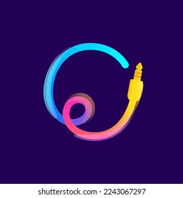 Number zero logo made of vivid gradient line wire with mini jack icon and rainbow shine. Overlapping multicolor emblem. Ideal for music app, audio design, DJ identity, technology advertising.