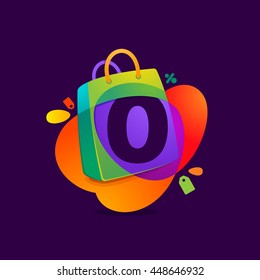 Number zero logo in shopping bag icon and Sale tag on black. Colorful vector design for banner, presentation, web page, app icon, card, labels or posters.