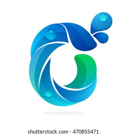 Number zero logo with water waves and drops. Vector elements for ecology banner, presentation, web page, card, labels or posters.