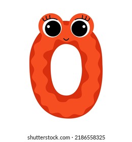 The number zero is made in the form of a cute monster. 0 with eyes. Isolated on a white background. Vector illustration.