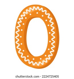 Number zero made from glazed gingerbread. Festive font, symbol of Happy New Year and Christmas, sign and numeral of different shapes. Vector flat illustration