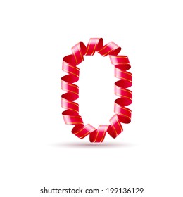 Number zero made of red curled shiny ribbon