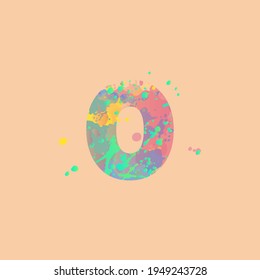 Number zero with multicolored mixed spots of pink, yellow, blue, turquoise paint on peach background. Design for banners, flyers, tags, decorations, poster or invitation.