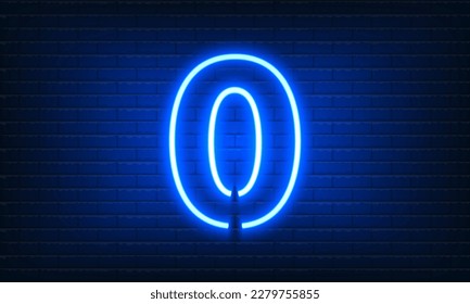 Number Zero neon sign on brick wall background. Vintage blue electric signboard with bright neon light inscription. Nil, Number 0 template icon, neon banner, nightly advertising. Vector illustration