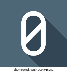Number zero, numeral, simple letter. White flat icon with long shadow on background