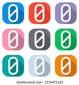 Number zero, numeral, simple letter. Set of white icons on colored squares for applications. Seamless and pattern for poster
