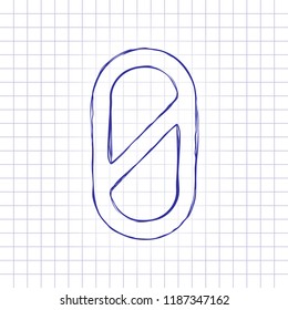 Number zero, numeral, simple letter. Hand drawn picture on paper sheet. Blue ink, outline sketch style. Doodle on checkered background