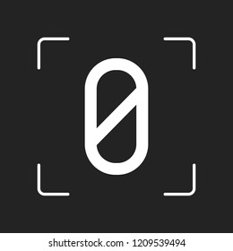 Number zero, numeral, simple letter. White object in camera autofocus on dark background
