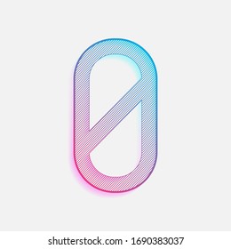 Number zero, numeral, simple letter. Colored logo with diagonal lines and blue-red gradient. Neon graphic, light effect