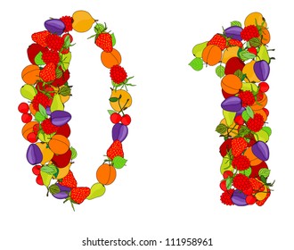 number zero and number one made from different fruits