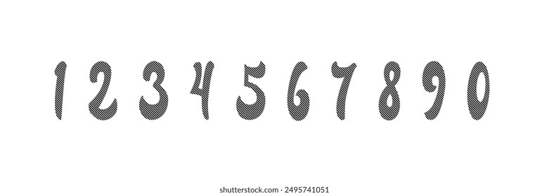 Number zero, one, two, three, four, five, six, seven, eight, nine, 1, 2, 3, 4, 5, 6, 7, 8, 9. Black striped with white background. Digits. Set of numbers