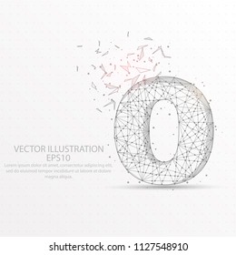 Number zero point, abstract mash line and composition digitally drawn in the form of broken a part triangle shape and scattered dots low poly wire frame on white background.