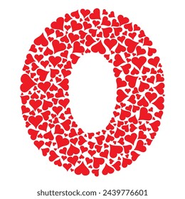 Number Zero With Red Hearts Love Pattern Vector Illustration. Number 0 Isolated On A White Background
