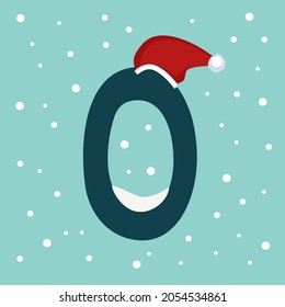 Number zero with snow and red Santa Claus hat. Festive font for Christmas and New Year