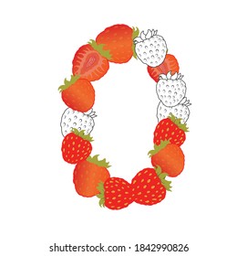 Number zero from strawberries. Vector illustration on a white background. Printing on clothing, menus, juice, for children's books, for packaging design