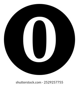 A number zero symbol in the center. Isolated white symbol in black circle. Vector illustration on white background