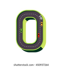 The number zero in theme green road with four cars are driving.