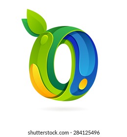 Number zero volume ecology logo, leaves and water drops vector design template elements