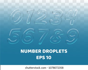 number zero-nine.vector letter 0-9 realistic water droplets on blue transparent background.vector.illustration