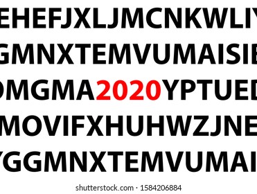 Number2020 inside chaotic letters, vector illustration, the concept of numerology in the celebration of Christmas