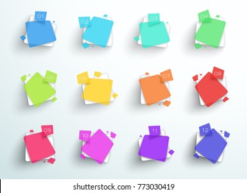 Numbered Abstract Colorful Square Text Boxes 1 to 12 Vector