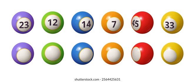 Numbered balls for gambling game bingo or billiard. Vector isolated sphere with numbers and colors, lottery lotto entertainment and fun. Realistic objects with shiny reflection, casino design