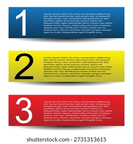 Numbered Banner or Header Design Templates – Blue, Yellow, and Red Horizontal Layouts with Sample Text and Left-Aligned Numbers. A set of three horizontal banner templates stacked vertically, each featuring a bold background color—blue, yellow, and red—with large sequence numbers (1, 2, 3) aligned to the left. Each banner includes sample text blocks in high-contrast white or black font, making the layout ideal for step-by-step guides, infographics, marketing materials, or instructional content. The clean structure and vibrant color scheme create a visually engaging and professional composition. Perfect for business presentations, educational graphics, promotional assets, and digital storytelling.
