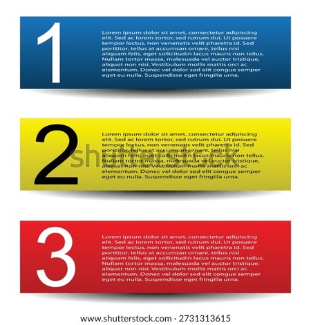Numbered Banner or Header Design Templates – Blue, Yellow, and Red Horizontal Layouts with Sample Text and Left-Aligned Numbers. A set of three horizontal banner templates stacked vertically, each featuring a bold background color—blue, yellow, and red—with large sequence numbers (1, 2, 3) aligned to the left. Each banner includes sample text blocks in high-contrast white or black font, making the layout ideal for step-by-step guides, infographics, marketing materials, or instructional content. The clean structure and vibrant color scheme create a visually engaging and professional composition. Perfect for business presentations, educational graphics, promotional assets, and digital storytelling.