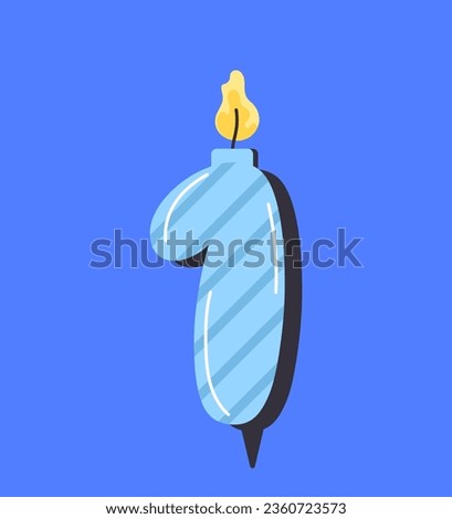 Numbered birthday candle 1 concept. Blue number one. Holiday and festival, event and party. Sticker for social networks. Cartoon flat vector illustration isolated on blue background