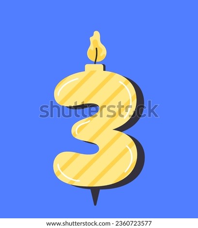 Numbered birthday candle 3 concept. Yellow number three. Element of decor for pie at holiday. Graphic element for website. Cartoon flat vector illustration isolated on blue background