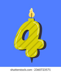 Numbered birthday candle 4 concept. Green number four. Annual holiday and event. Design element for greeting postcard. Cartoon flat vector illustration isolated on blue background