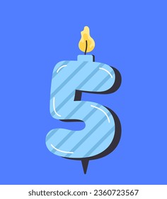 Numbered birthday candle 5 concept. Blue number five. Decor element for cakes and cupcakes. Annual event and party. Cartoon flat vector illustration isolated on blue background